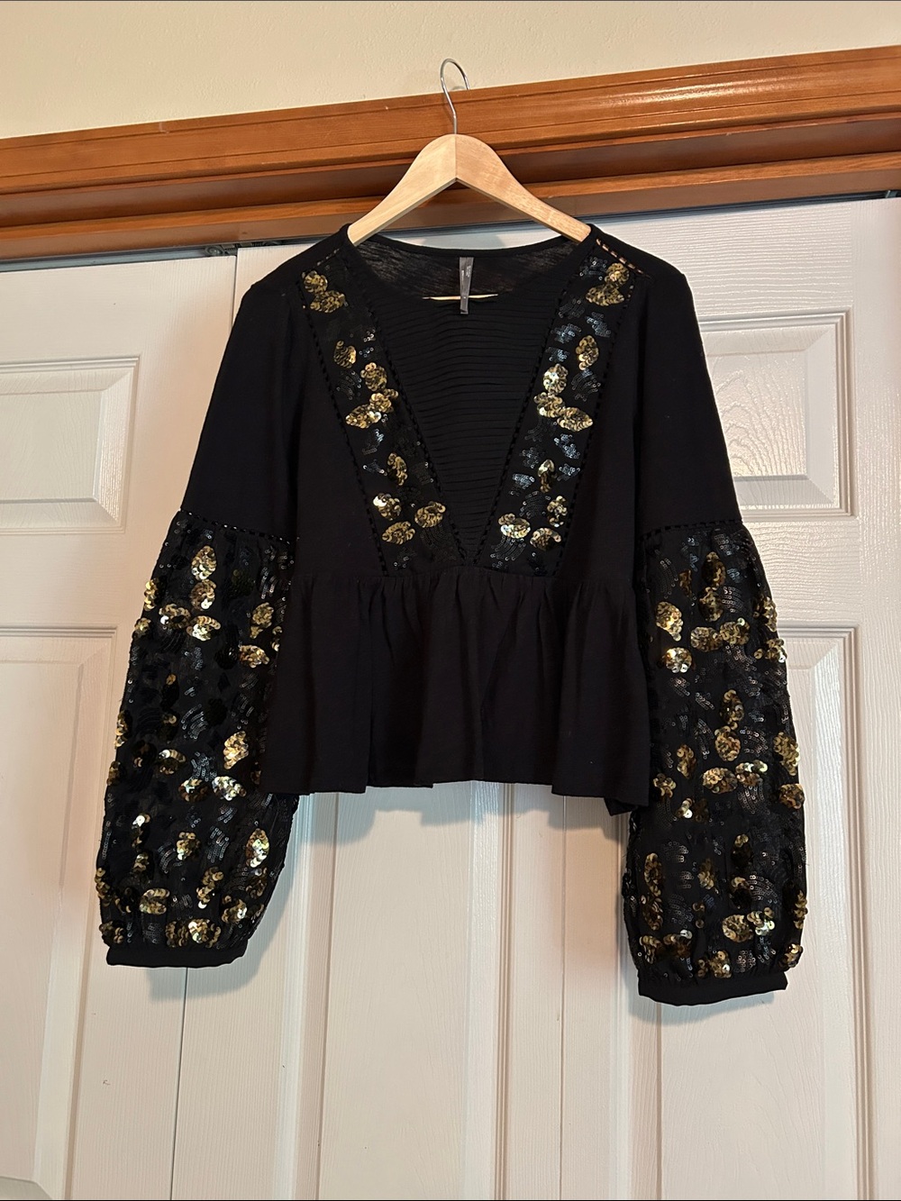 Anthropologie Black Top with Gold Sequin Puff Sleeves